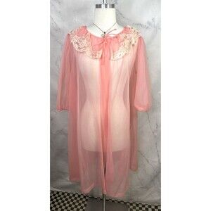 Vintage 60s Babydoll Chiffon Sheer Robe MCM Pink Peach Nightgown M Lace Fairy